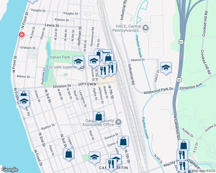 map of restaurants, bars, coffee shops, grocery stores, and more near 2710 North 7th Street in Harrisburg