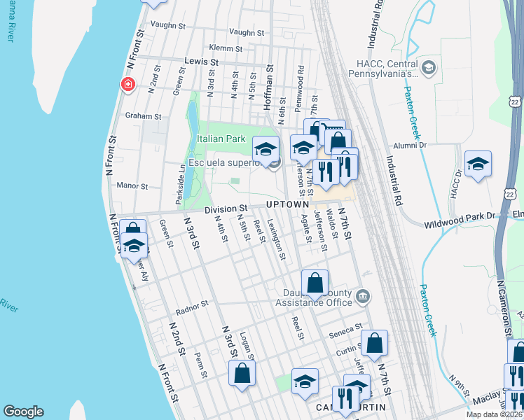 map of restaurants, bars, coffee shops, grocery stores, and more near 553 Division Street in Harrisburg