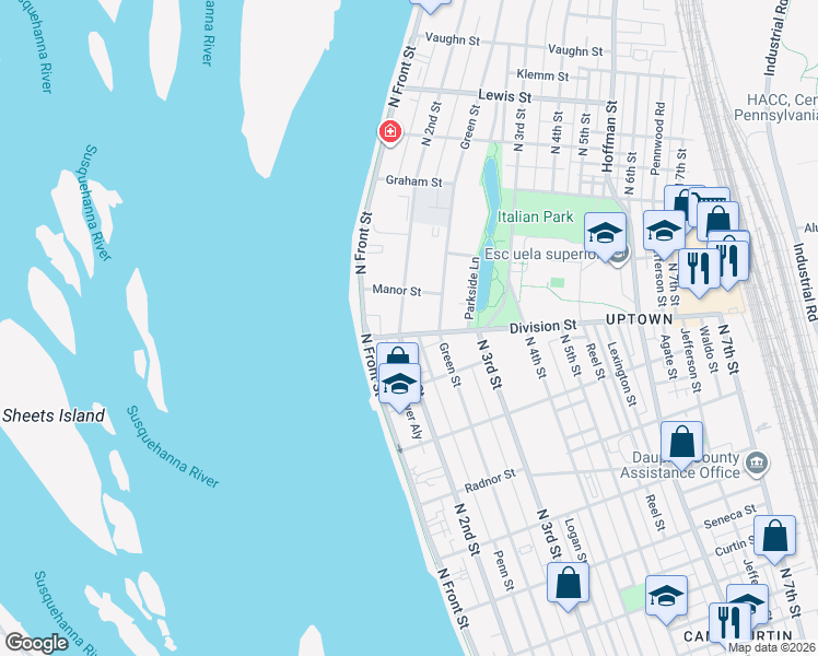 map of restaurants, bars, coffee shops, grocery stores, and more near 2902 Green Street in Harrisburg
