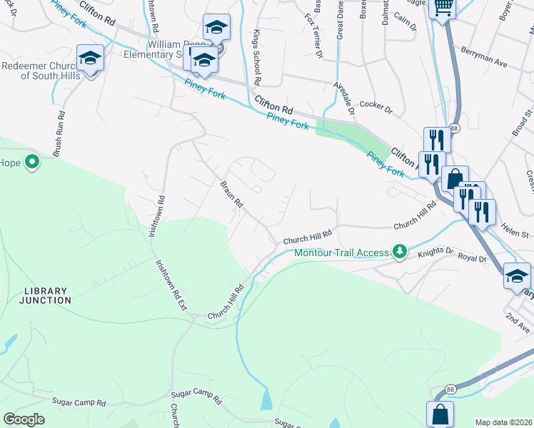 map of restaurants, bars, coffee shops, grocery stores, and more near 1201 Braun Road in Bethel Park