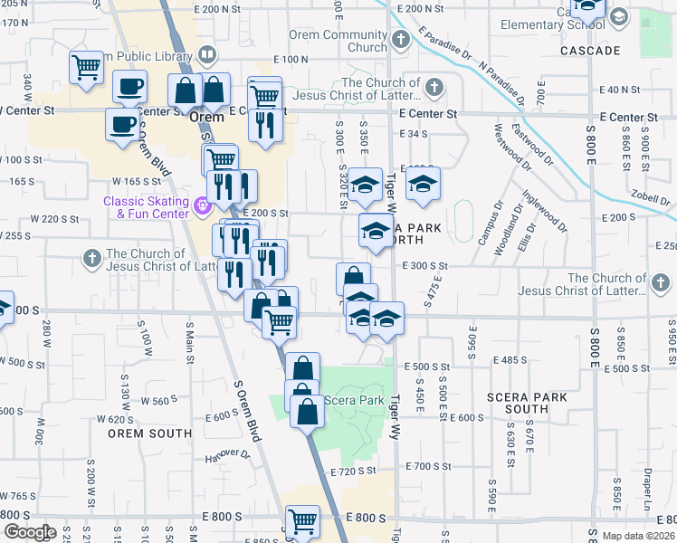 map of restaurants, bars, coffee shops, grocery stores, and more near 290 South 300 East in Orem