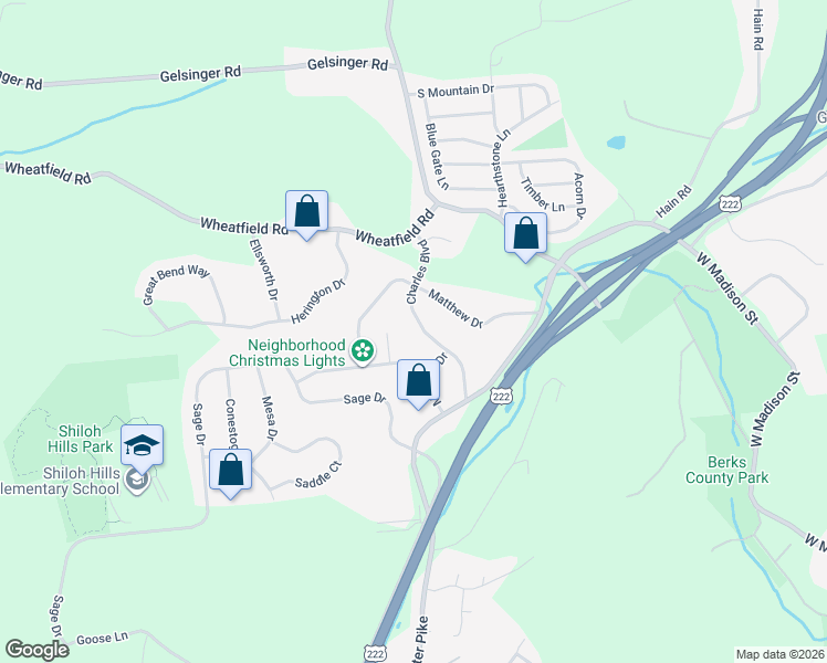 map of restaurants, bars, coffee shops, grocery stores, and more near 108 Charles Boulevard in Sinking Spring