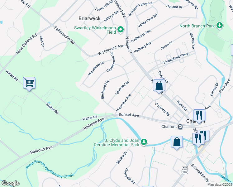 map of restaurants, bars, coffee shops, grocery stores, and more near 75 Lynwood Dr in Chalfont
