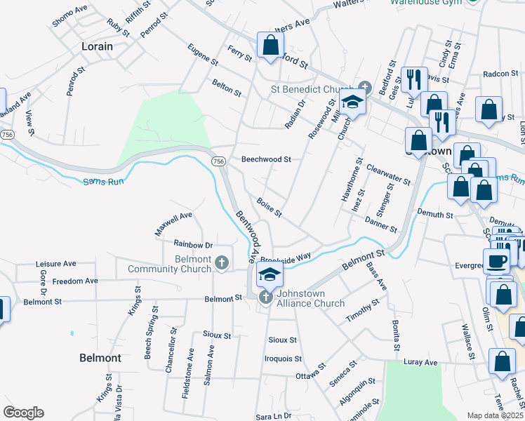 map of restaurants, bars, coffee shops, grocery stores, and more near 328 Boise Street in Johnstown