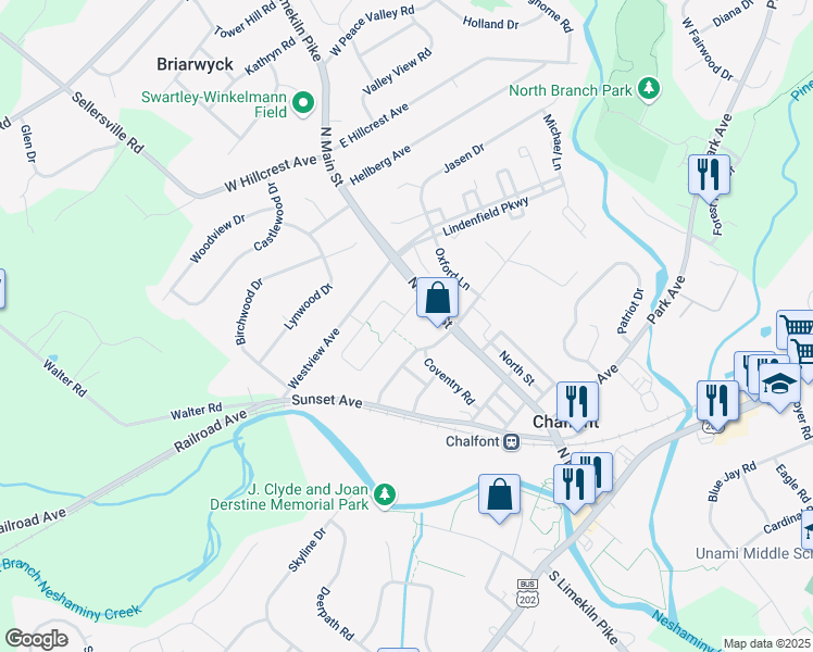 map of restaurants, bars, coffee shops, grocery stores, and more near 12 Ruthies Way in Chalfont