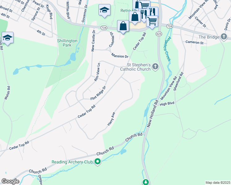 map of restaurants, bars, coffee shops, grocery stores, and more near 1256 Cedar Top Road in Reading