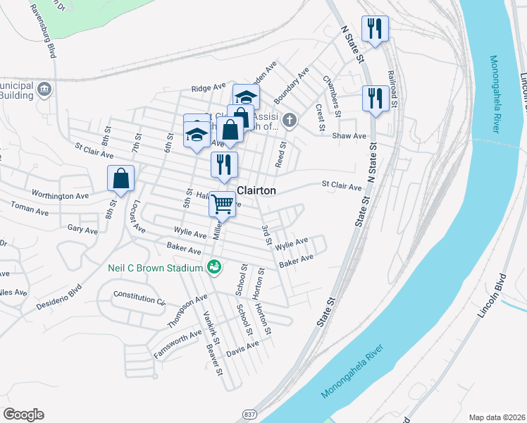 map of restaurants, bars, coffee shops, grocery stores, and more near 229 Halcomb Avenue in Clairton