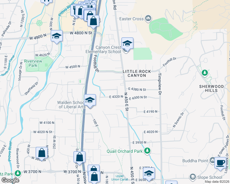 map of restaurants, bars, coffee shops, grocery stores, and more near 4379 North 250 East Street in Provo