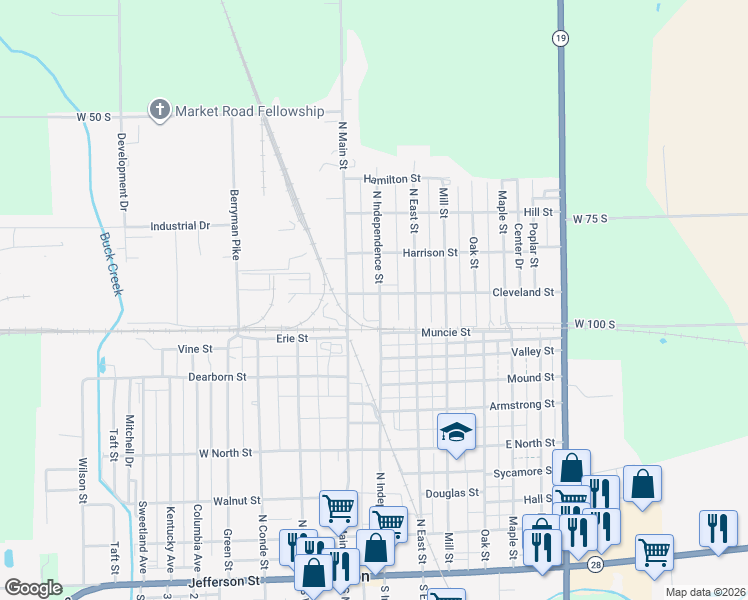map of restaurants, bars, coffee shops, grocery stores, and more near 121 Cleveland Street in Tipton