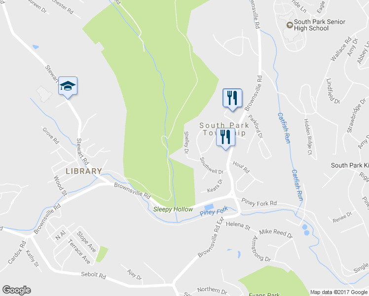 map of restaurants, bars, coffee shops, grocery stores, and more near 3135 Shelly Drive in South Park Township
