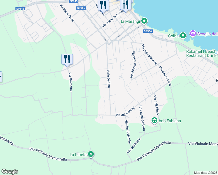 map of restaurants, bars, coffee shops, grocery stores, and more near 57 Viale Delfino in San Foca