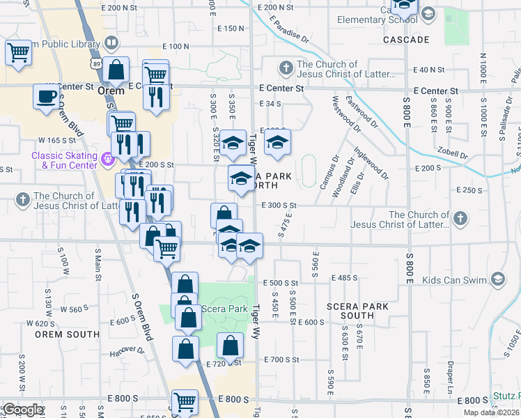 map of restaurants, bars, coffee shops, grocery stores, and more near 309 East 400 South in Orem