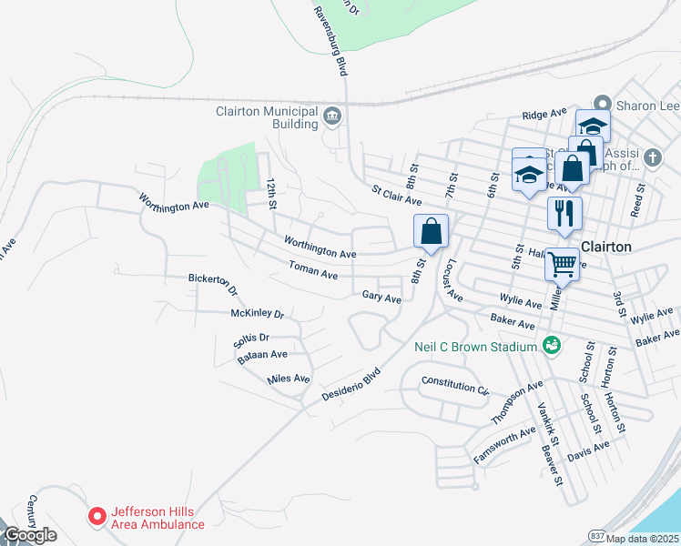 map of restaurants, bars, coffee shops, grocery stores, and more near 1009 Toman Avenue in Clairton
