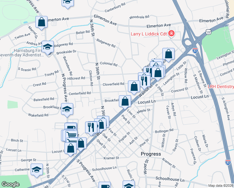 map of restaurants, bars, coffee shops, grocery stores, and more near 3617 Centerfield Rd in Harrisburg
