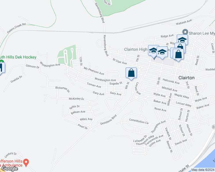 map of restaurants, bars, coffee shops, grocery stores, and more near 939 Toman Avenue in Clairton