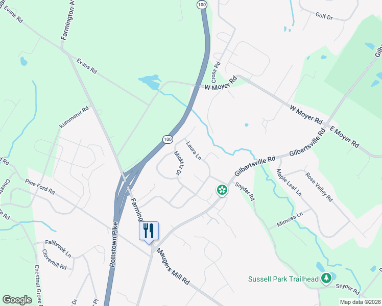 map of restaurants, bars, coffee shops, grocery stores, and more near 1923 Laura Lane in Pottstown