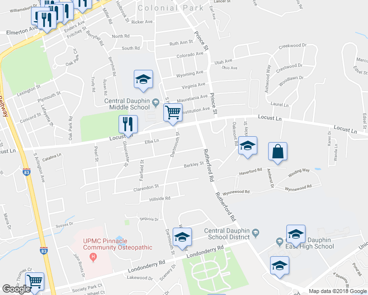 map of restaurants, bars, coffee shops, grocery stores, and more near 4706 Marblehead Street in Harrisburg