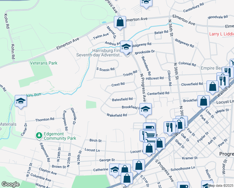 map of restaurants, bars, coffee shops, grocery stores, and more near 3205 Cloverfield Road in Harrisburg