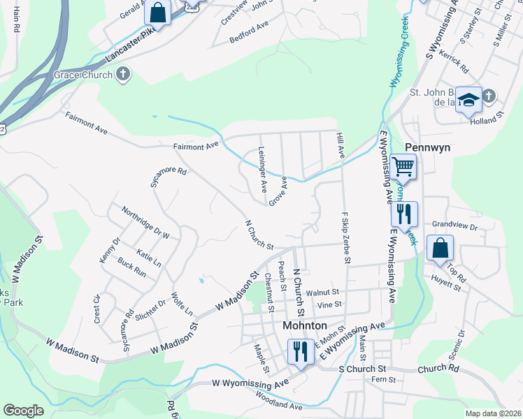 map of restaurants, bars, coffee shops, grocery stores, and more near 450 Grove Avenue in Mohnton