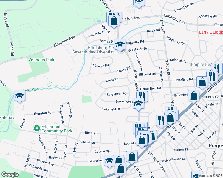 map of restaurants, bars, coffee shops, grocery stores, and more near 3205 Cloverfield Road in Harrisburg