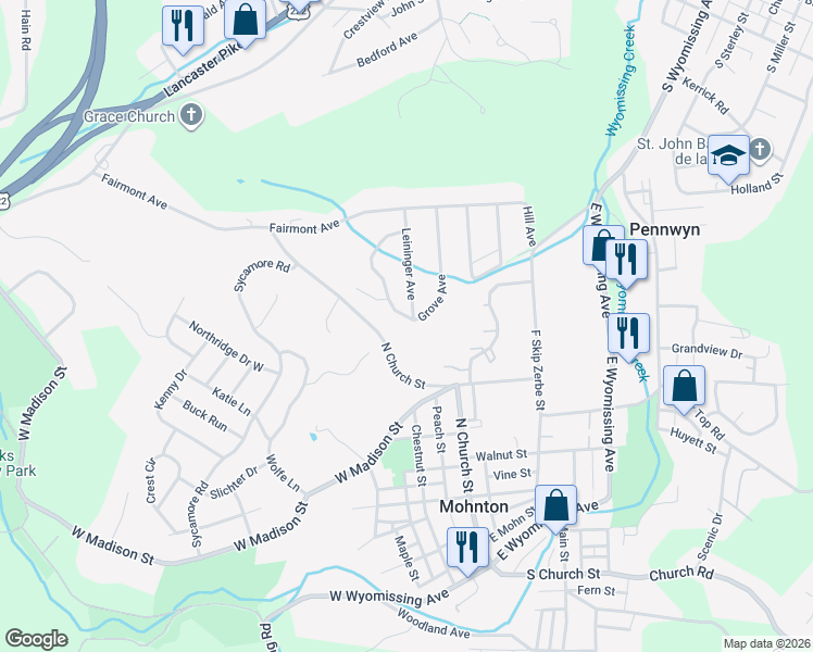 map of restaurants, bars, coffee shops, grocery stores, and more near 450 Grove Avenue in Mohnton