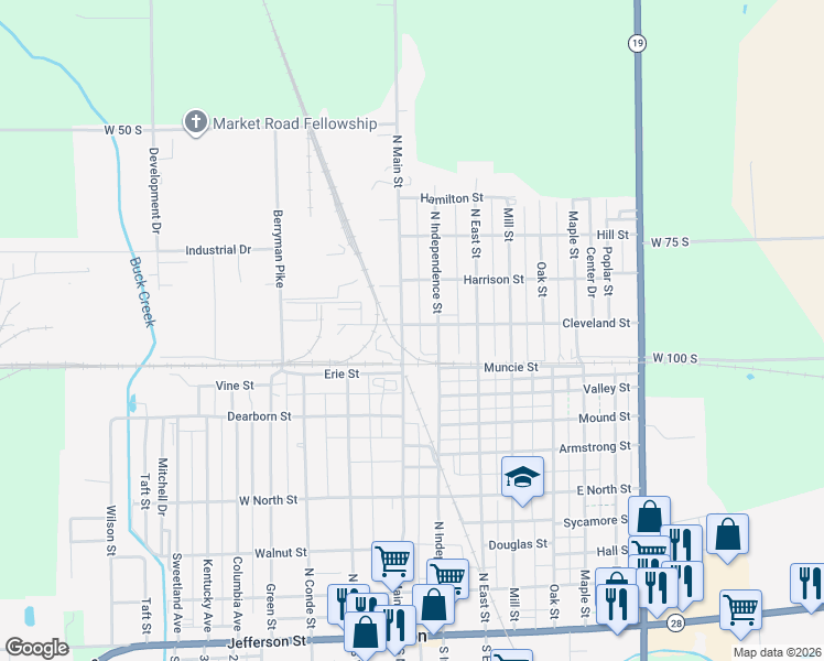 map of restaurants, bars, coffee shops, grocery stores, and more near 121 Cleveland Street in Tipton