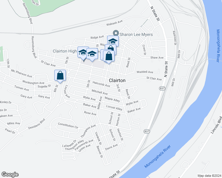 map of restaurants, bars, coffee shops, grocery stores, and more near 348 Halcomb Avenue in Clairton