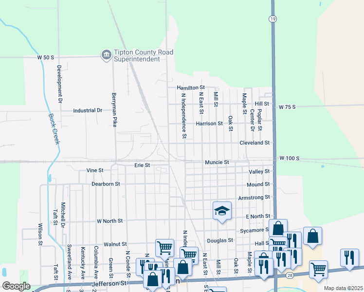 map of restaurants, bars, coffee shops, grocery stores, and more near 121 Cleveland Street in Tipton