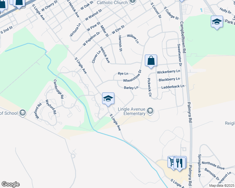 map of restaurants, bars, coffee shops, grocery stores, and more near 34 Millstone Drive in Palmyra