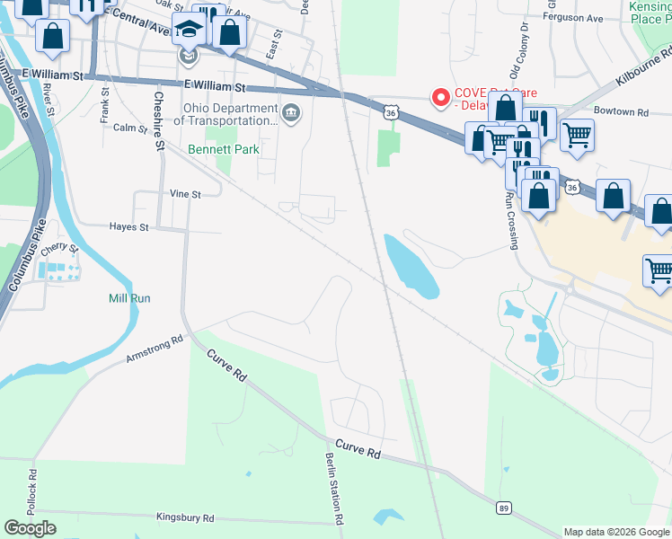 map of restaurants, bars, coffee shops, grocery stores, and more near 440 East William Street in Delaware