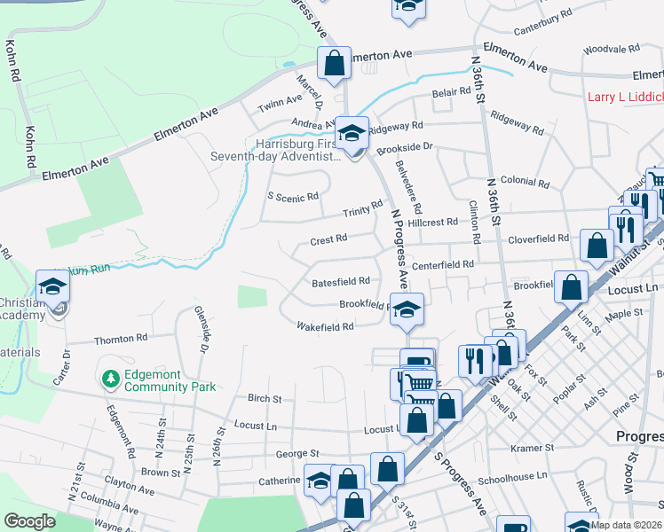 map of restaurants, bars, coffee shops, grocery stores, and more near 3207 Cloverfield Road in Harrisburg
