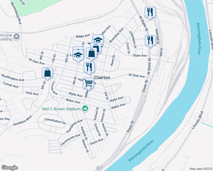 map of restaurants, bars, coffee shops, grocery stores, and more near 229 Halcomb Avenue in Clairton