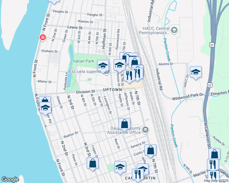 map of restaurants, bars, coffee shops, grocery stores, and more near 2727 North 6th Street in Harrisburg