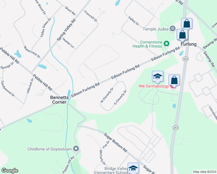 map of restaurants, bars, coffee shops, grocery stores, and more near 3140 Cloverly Drive in Furlong