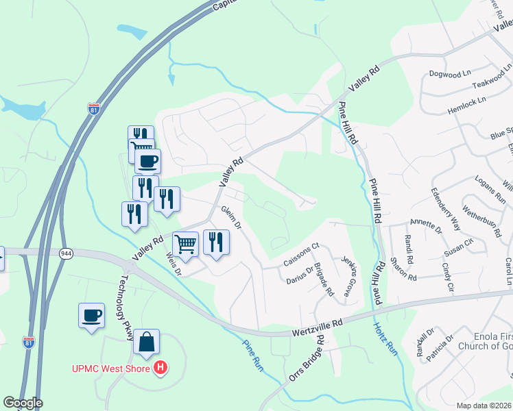 map of restaurants, bars, coffee shops, grocery stores, and more near 2317 Gleim Drive in Enola