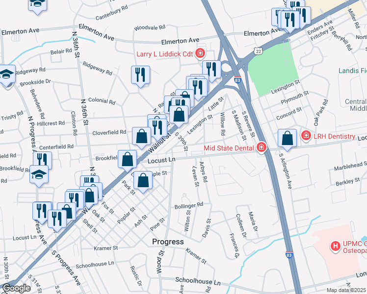 map of restaurants, bars, coffee shops, grocery stores, and more near 54 South 39th Street in Harrisburg
