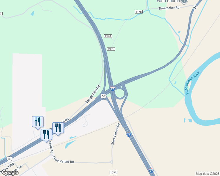 map of restaurants, bars, coffee shops, grocery stores, and more near Vietnam Veterans Memorial Highway in Newcomerstown