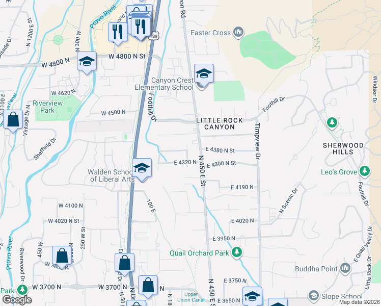 map of restaurants, bars, coffee shops, grocery stores, and more near 4379 North 250 East Street in Provo