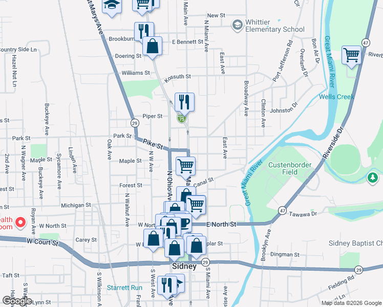 map of restaurants, bars, coffee shops, grocery stores, and more near 222 Washington Street in Sidney