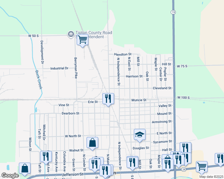 map of restaurants, bars, coffee shops, grocery stores, and more near 121 Cleveland Street in Tipton