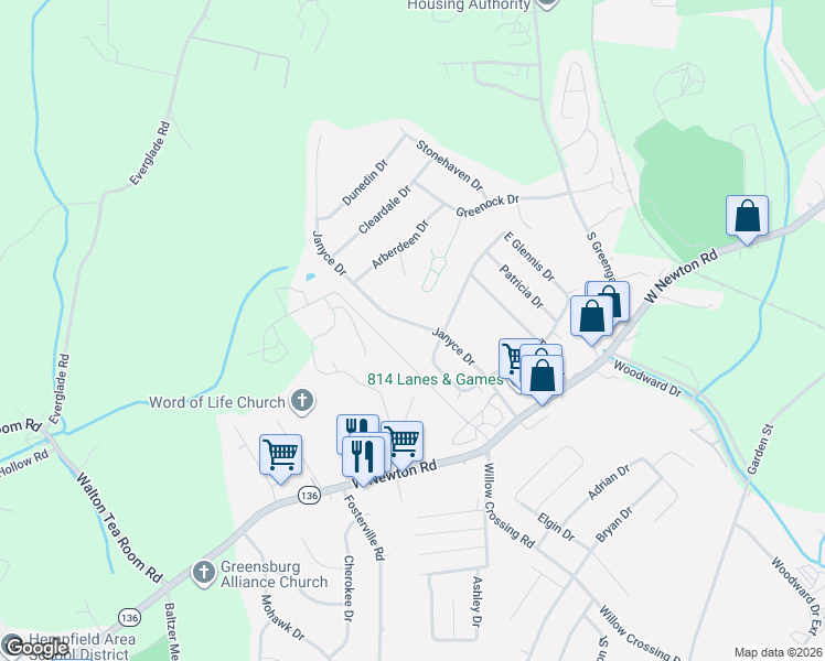 map of restaurants, bars, coffee shops, grocery stores, and more near 102 Janyce Drive in Greensburg