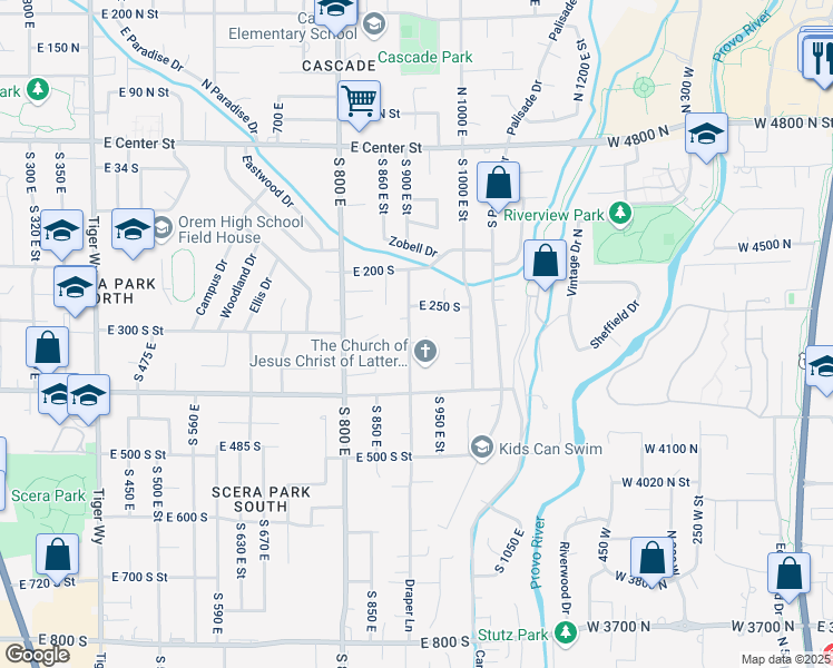 map of restaurants, bars, coffee shops, grocery stores, and more near 305 South 900 East Street in Orem