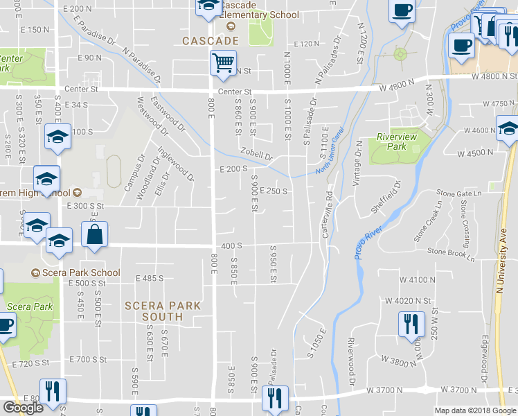 map of restaurants, bars, coffee shops, grocery stores, and more near 305 South 900 East Street in Orem