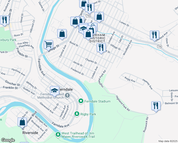 map of restaurants, bars, coffee shops, grocery stores, and more near 810 Highland Avenue in Johnstown