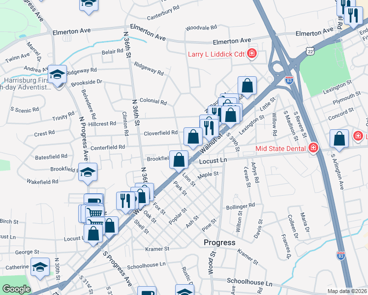 map of restaurants, bars, coffee shops, grocery stores, and more near 3807 Centerfield Rd in Harrisburg