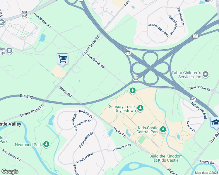 map of restaurants, bars, coffee shops, grocery stores, and more near 187 Sunset View Drive in Doylestown