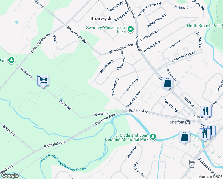 map of restaurants, bars, coffee shops, grocery stores, and more near 129 Birchwood Drive in Chalfont