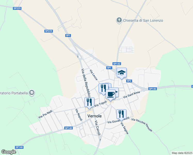 map of restaurants, bars, coffee shops, grocery stores, and more near 96 Via Lecce in Vernole