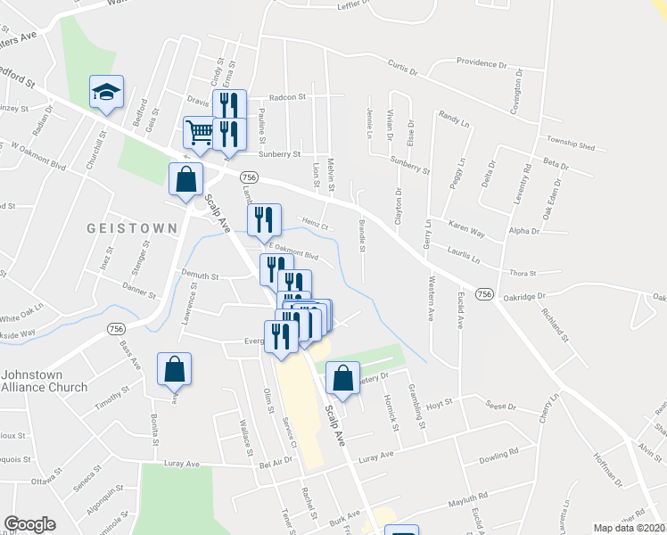 map of restaurants, bars, coffee shops, grocery stores, and more near 778 East Oakmont Boulevard in Johnstown
