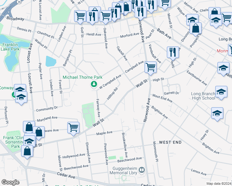 map of restaurants, bars, coffee shops, grocery stores, and more near 26 Hilltop Road in West Long Branch